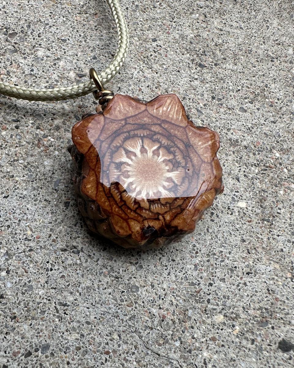 Round pine cone pendant with a pale star at its center under a glossy resin dome, on a khaki braided cord